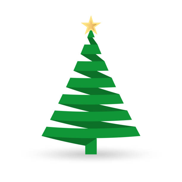 christmas tree icon with paper stripe or ribbon. xmas card design template. vector illustration. - christmas tree 幅插畫檔、美工圖案、卡通及圖標