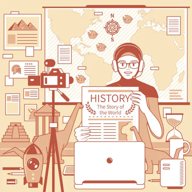 Vector illustration of One young Muslim female teacher with hijab and headphones is remotely teaching history (online class) using a laptop and camera and whiteboard at home (classroom), e-learning and telecommuting concept