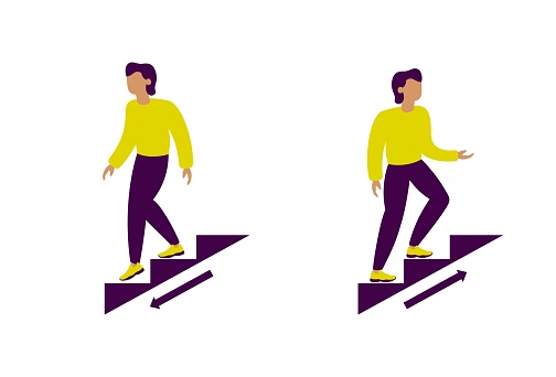 moving up and down stairs, man walking stairs , depicting ladder direction