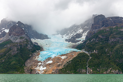 Balmaceda glacier in spring by Last Hope Sound fjord, Bernardo O'Higgins national park, Patagonia, Chile.