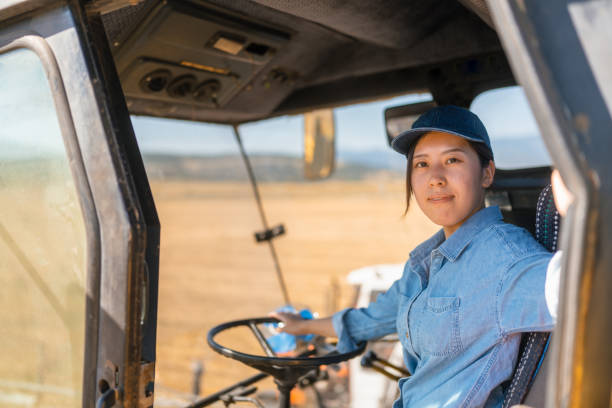 Portrait of young female farmer sitting in combine harvester machine and smiling for camera A portrait of a young female farmer sitting in a combine harvester machine and smiling for the camera. agricultural equipment stock pictures, royalty-free photos & images