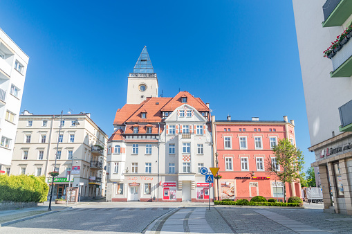 Strzegom, Poland - June 3, 2021: Buildings on market square in Strzegom.