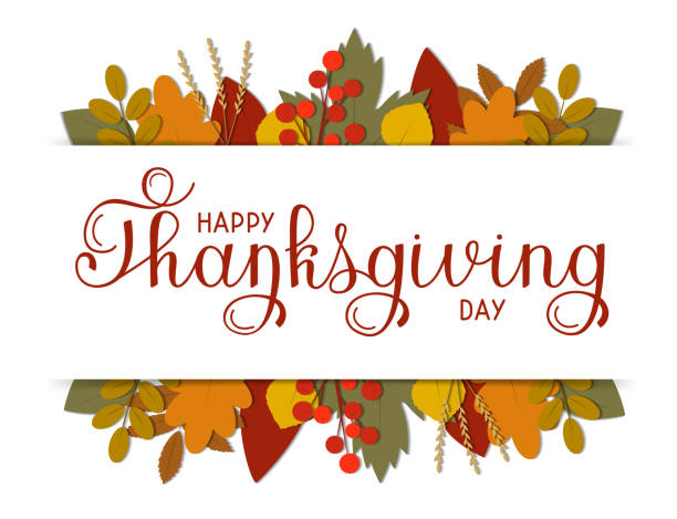 happy thanksgiving day text mit herbstrand geschmückt. - autumn backgrounds leaf thanksgiving stock-grafiken, -clipart, -cartoons und -symbole
