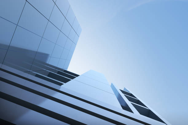 istock Low angle view of futuristic architecture, Skyscraper office building with cloud reflected on window, 3D rendering. 1333132794