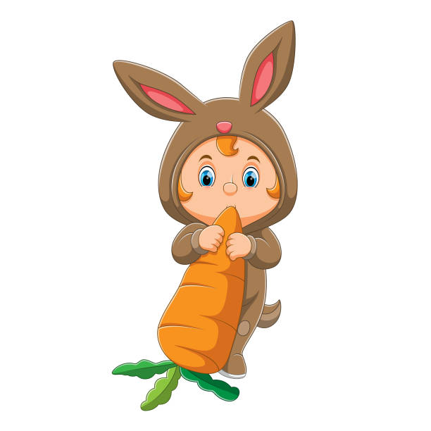The boy with the rabbit costume is eating the big carrot The boy with the rabbit costume is eating the big carrot of illustration kid animal costume stock illustrations