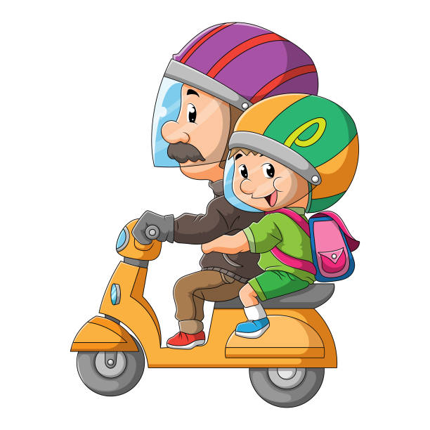 der vater begleitet den jungen mit dem motorrad zur schule - 7956 stock-grafiken, -clipart, -cartoons und -symbole