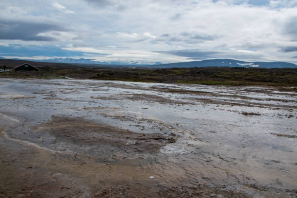 das geothermale gebiet hveravellir im hochland islands mit seinen gesinterten terrassen, fumarolen, solfatars und blauem frühlingsblaver. - sulfide stock-fotos und bilder