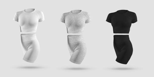 istock Mockup crop top, cycling shorts, compression suit 3D rendering in white, black, gray heather, isolated on background 1333141028