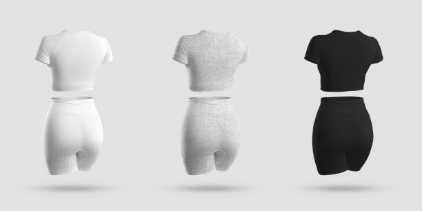 istock Mockup crop top, cycling shorts, compression suit 3D rendering in white, black, gray heather, isolated on background 1333141037