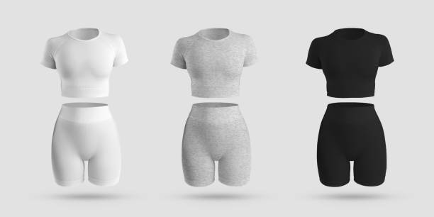 istock Mockup crop top, cycling shorts, compression suit 3D rendering in white, black, gray heather, isolated on background 1333141050