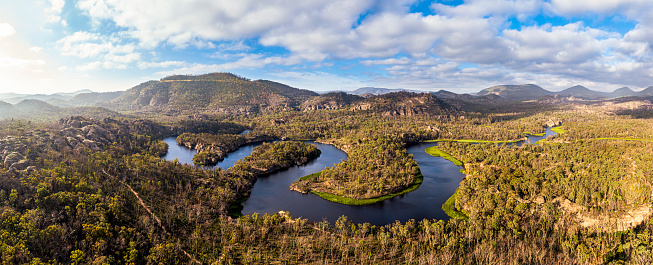 Dunns Swamp Aerial panoramic view with a blue sunset sky, on the upper Cudgegong River, Wollemi National Park, NSW Australia