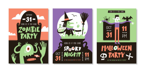 ilustrações de stock, clip art, desenhos animados e ícones de vector set of halloween party invitations or greeting cards with handwritten text and traditional symbols. - halloween horror vampire witch