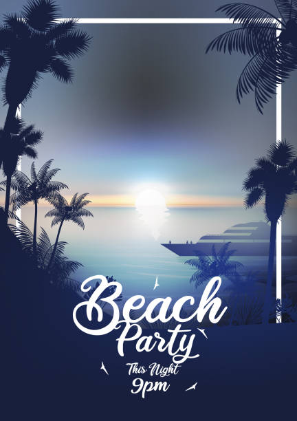 Summer beach party poster with tropical beach  and yacht in the evening Summer beach party poster with tropical beach  and yacht in the evening tropical music stock illustrations