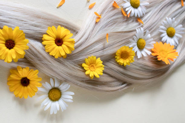 istock Chamomile and calendula flowers in blond hair. Pigtail. 1333146270