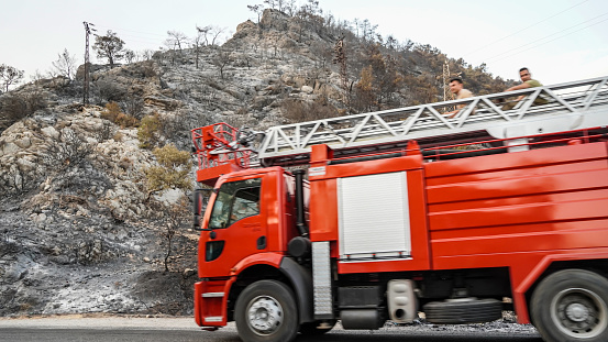 Fire-fighting workers that are Turkish and Azerbaijani are attending extinguishing wildfire on mountain in Milas, Mugla in Turkey on August 06, 2021