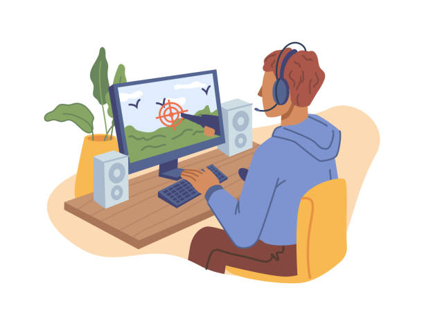 Teenager Boy Child Playing Online Video Game On Computer Isolated Flat  Cartoon Character In Headphones Shooting On Duck Vector Hobby Entertainment  Guy Spend Leisure Time At Home Player In Headset Stock Illustration -