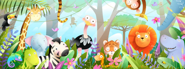 dschungel zoo tiere im tropenwald für kinder - chameleon africa rainforest leaf stock-grafiken, -clipart, -cartoons und -symbole