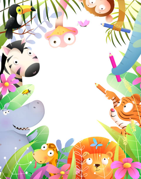 Animals Drawing Playing Invitation Diploma Frame Cute baby animals drawing with pencils, jungle kids invitation or diploma frame design with empty copyspace inside. Colorful watercolor style cartoon for children. drawing of lion pencil stock illustrations