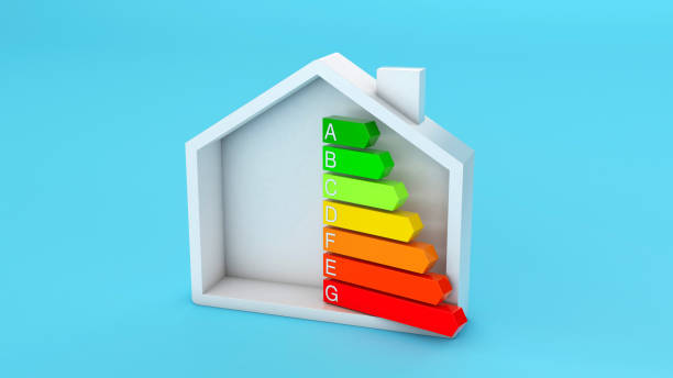 istock Home energy efficiency rating. House and colored arrows graphics on a blue background 1333154534