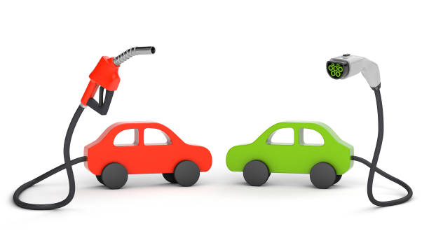 白い背景に隔離された電気自動車を充電するための燃料ポンプおよびプラグ - fossil fuel fuel pump car gasoline ストックフォトと画像
