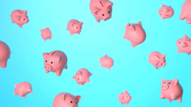 istock Piggy banks in flight, levitation. Blue background 1333154802