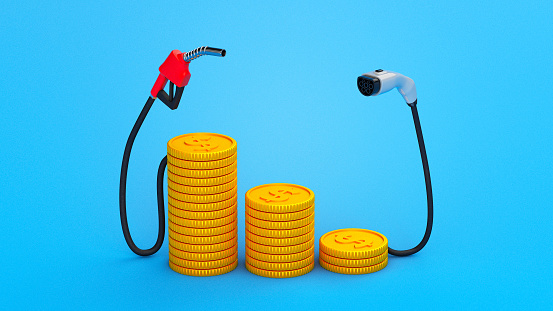 Large stack of coins with a fuel pump and a small stack of coins with a plug for electric vehicles. Fuel price concept. Blue background. 3d render.