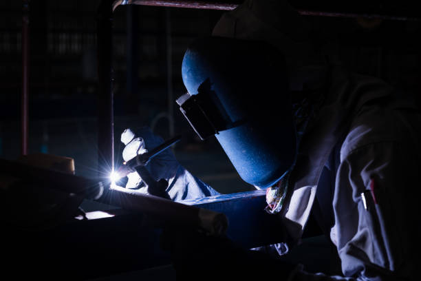 istock Welding steel pipe with Mig-Mag method for industrial work. Gas metal arc welding 1333155089