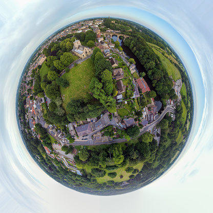 Aerial view of the town of Knaresborough in North Yorkshire, England edited as a tiny planet style effect