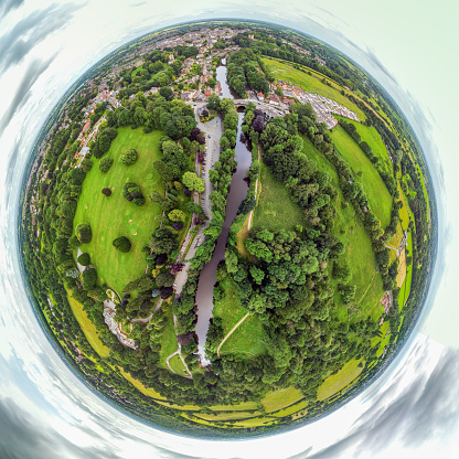 Aerial view of the town of Knaresborough in North Yorkshire, England edited as a tiny planet style effect
