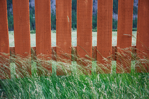 A wooden fence on the farm and green grass that is bent over by a strong wind. Horizontal photo.