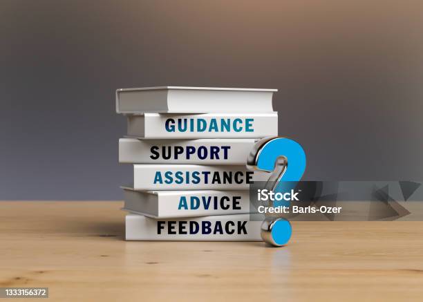 Bluecolored Question Mark And Stack Of Books Stock Photo - Download Image Now - Support, Guidance, Assistance
