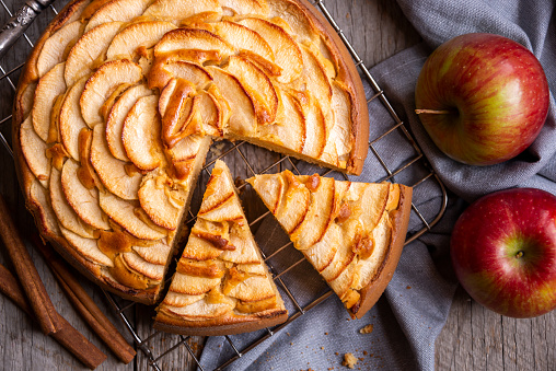 Apple pie, delicious dessert with slices of apple on top