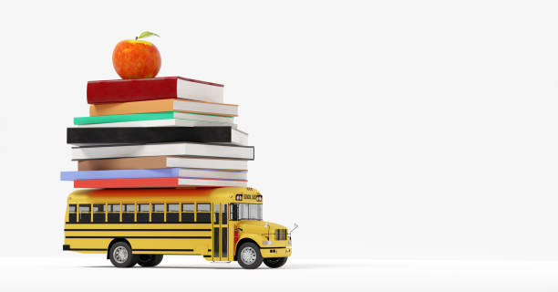 Back to school. Yellow school bus with books isolated on white Back to school. Yellow school bus toy with books and apple isolated on white september photos stock pictures, royalty-free photos & images