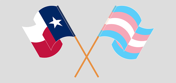 Crossed and waving flags of the State of Texas and Transgender Pride. Vector illustration
