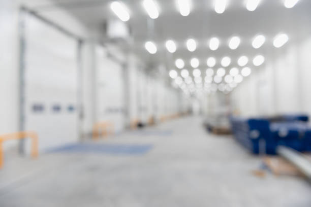 Blur image of New cold room storage for background. Refrigeration and freezing warehouse
