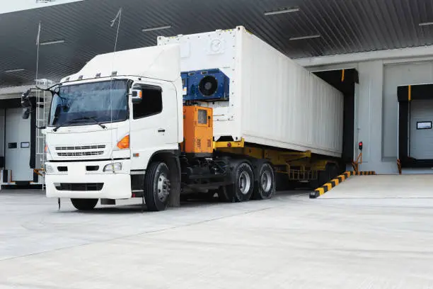 Refrigerator Truck Freezing Food. Transporting goods in the loading goods of the freezing warehouse. Storage for Ready-made foods or Ready-to-Eat Foods. Export-Import Logistics system concept.