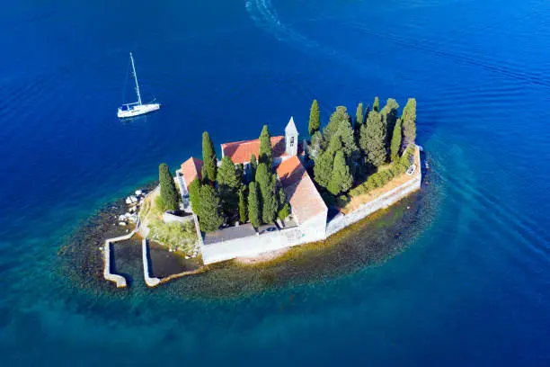 Aerial view of Island of Saint George near Perast in Kotor bay, Montenegro