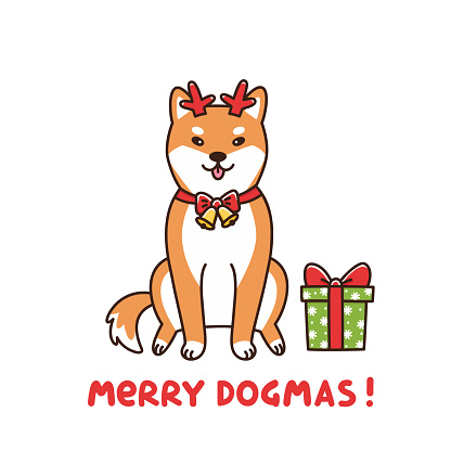 Shiba inu in the costume of a deer, assistant Santa Claus. Merry Dogmas - wordplay, meaning Merry Christmas. It can be used for sticker, patch, card, poster, t-shirt, mug and other design.