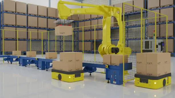 Factory 4.0 concept: The cartons are arranged on the AGV by palletizing robots in smart factory. 3D illustration