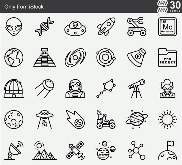 ancient aliens , ufo , alien , wissenschaft , space line icons - kornkreise stock-grafiken, -clipart, -cartoons und -symbole