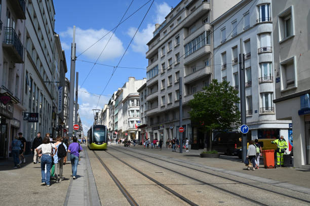 Public transport in Brest Brest tramway rue Jean Jaurès on July 4, 2021 brest brittany photos stock pictures, royalty-free photos & images