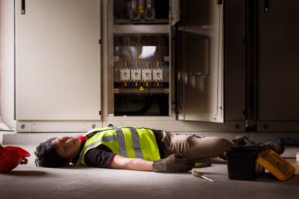 Accident at work of electrician people or Maintenance worker in the control room of factory. stock photo