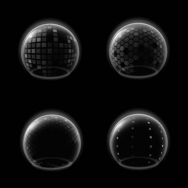 Shields bubble. Transparent futuristic glossy sphere, safety energy barrier force field, antiviral defense. Protection environment plastic dome. Vector realistic 3d isolated set Shields bubble. Transparent futuristic glossy sphere, safety energy barrier force field, antiviral defense. Protection environment plastic dome. Vector realistic 3d isolated on black background set Domination stock illustrations