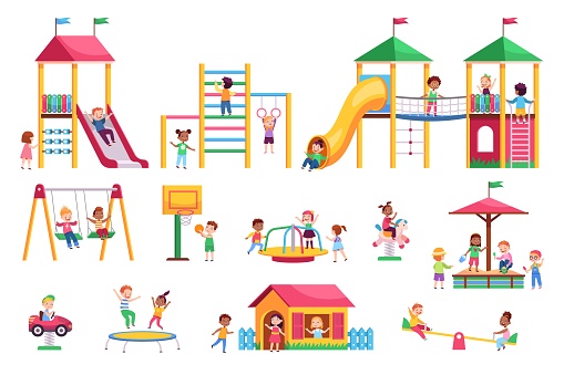 Kids playground. Children swing and slides garden, colorful bright rides, toddlers play in park, carousels and trampolines. Happy girls and boys playing outdoors vector cartoon flat style isolated set
