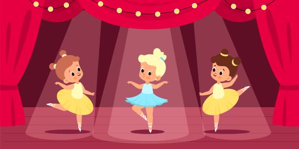 バレエシーン。小さなバレリーナは、ステージ、赤いカーテン、サーチライトライト、若いダンサーの劇場公演で演奏します。振付ポジション、ダンスの子供たち。ベクター漫画の分離概念 - curtain stage theater theatrical performance red点のイラスト素材／クリップアート素材／マンガ素材／アイコン素材