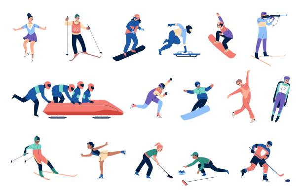 illustrazioni stock, clip art, cartoni animati e icone di tendenza di sportivi invernali. atleti professionisti, donne e uomini in tute specializzate, attrezzature sportive, skeleton, sci, snowboard. pattinaggio artistico, bob e hockey, set isolato cartone animato vettoriale - snowboarding snowboard skiing ski