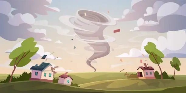 Vector illustration of Tornado catastrophe. Natural disaster with hurricane. Power twisted storm concept. Houses destruction from whirlwind. Buildings damage. Cyclone zone. Vector landscape with broken homes