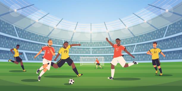 soccer stadium players. football match, athletes fighting, kicking ball, dynamic poses of people, different colors uniform, tense moment on field. olympic sport. vector flat cartoon isolated - football 幅插畫檔、美工圖案、卡通及圖標