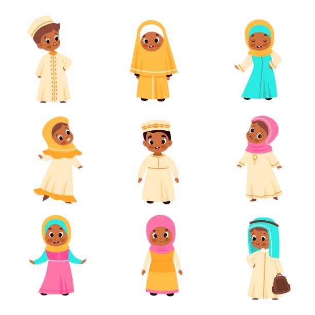 Muslim kids. Arabian children, happy islamic boys and girls in national clothes, traditional costumes hijabs, skullcap and kufiya. Schoolgirls and schoolboys vector cartoon flat isolated set Muslim kids. Arabian children, happy islamic boys and girls in national clothes, traditional costumes hijabs, skullcap and kufiya. Adorable schoolgirls and schoolboys vector cartoon flat isolated set cartoon of muslim costume stock illustrations