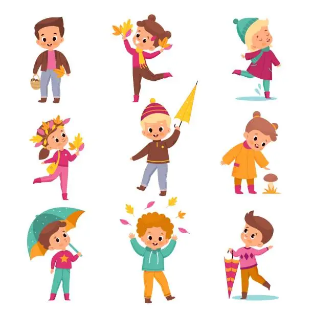 Vector illustration of Rainy day children. Kids in warm autumn outdoor clothes, cute boys and girls with umbrellas and yellow leaves, season activities, collect mushrooms, walking on puddles vector cartoon set